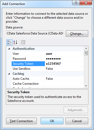 Connection properties for the selected data source in the Add Connection dialog. (Salesforce is shown.)
