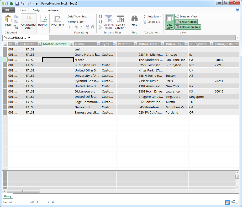 The list of available tables. (Salesforce is shown.)