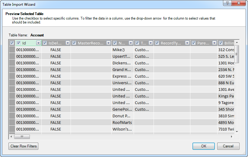 The data preview with an interface to filter and sort the results to be imported. (Salesforce is shown.)