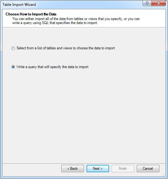 Step two of the Table Import Wizard: Choose How to Import the Data.