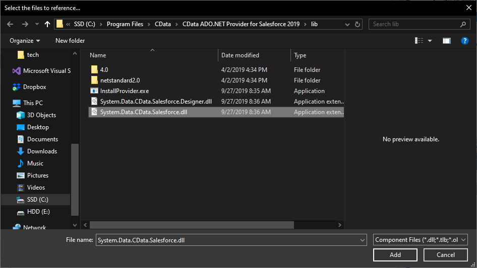 Adding the CData ADO.NET Provider as a Reference (Salesforce is shown.)