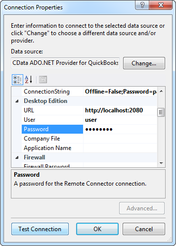 Required connection properties for the data source. (Salesforce is shown.)