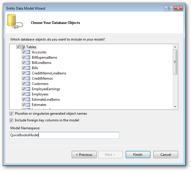 The available tables in the underlying data source. (QuickBooks is shown.)