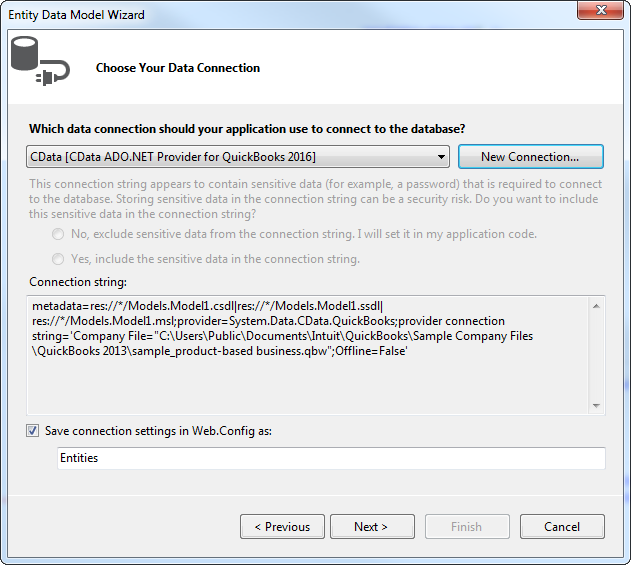The completed connection step in the ADO.NET Entity Data Model wizard. (A QuickBooks connection is shown.)