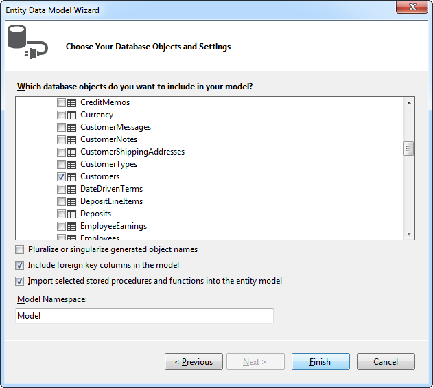 Tables to be imported into the .edmx file. (QuickBooks is shown.)
