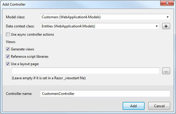Creating a new Controller from an existing entity data model in the Add Controller dialog. (QuickBooks is shown.)