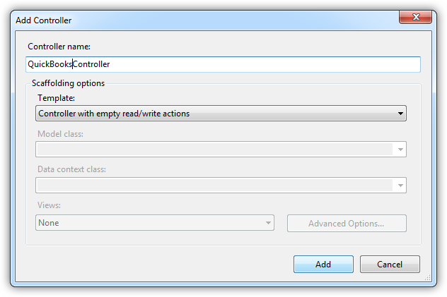 The Add Controller dialog with the selected template, Controller with empty read/write actions. (QuickBooks is shown.)