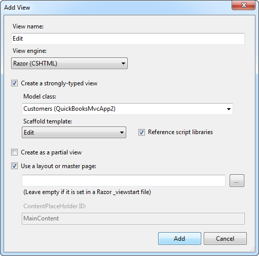 Settings for an Edit view. (QuickBooks is shown.)