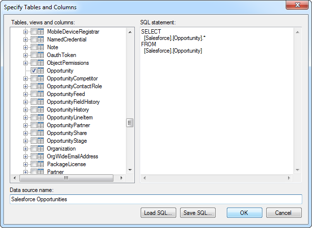 Tables and columns selected in the tree or specified by an SQL query. (Salesforce is shown.)