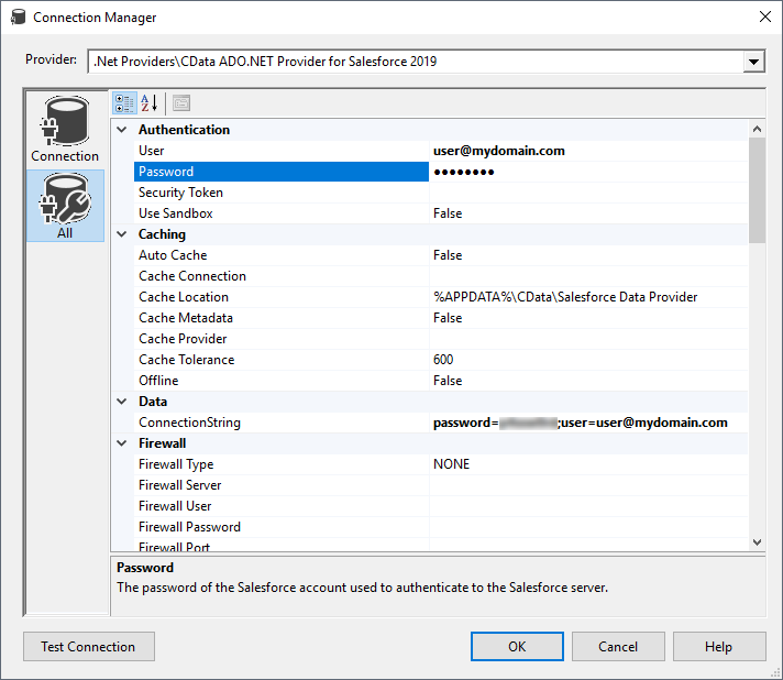Setting the Connection properties (Salesforce is shown.)
