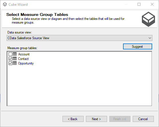 Selecting measure group tables (Salesforce is shown).
