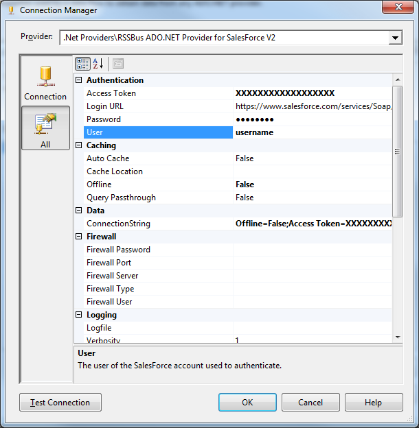 Connection properties in the Connection Manager dialog.(Salesforce is shown.)