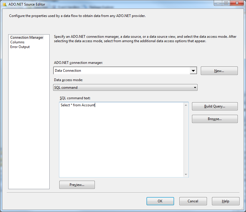 The connection and query specified in the source component properties.(Salesforce is shown.)