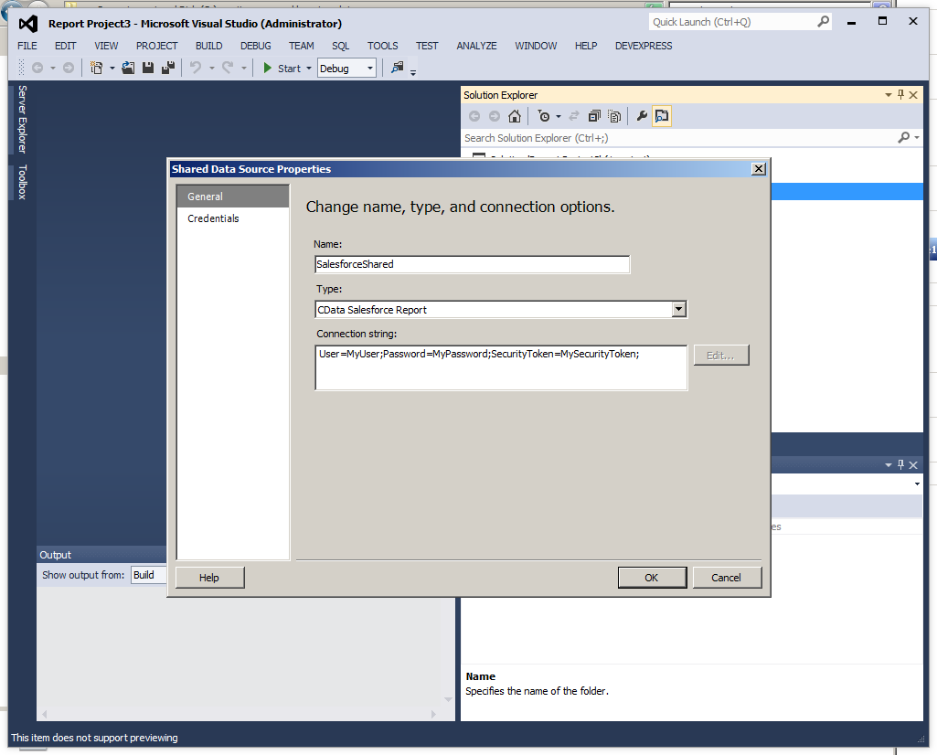 Properties to define a shared data source in Report Designer. (Salesforce is shown.)