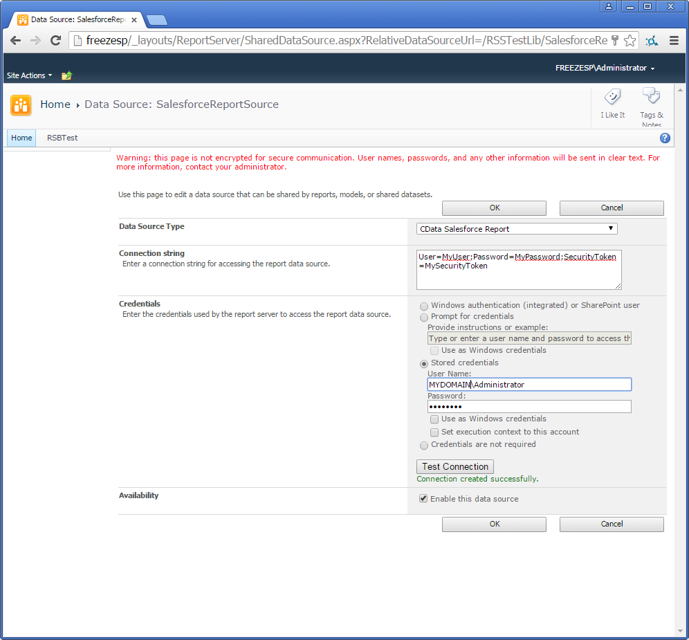 Properties to define a shared data source in SharePoint. (Salesforce is shown.)