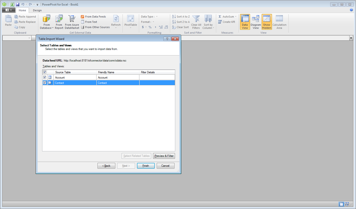 Tables selected in the Table Import Wizard.(Salesforce is shown.)