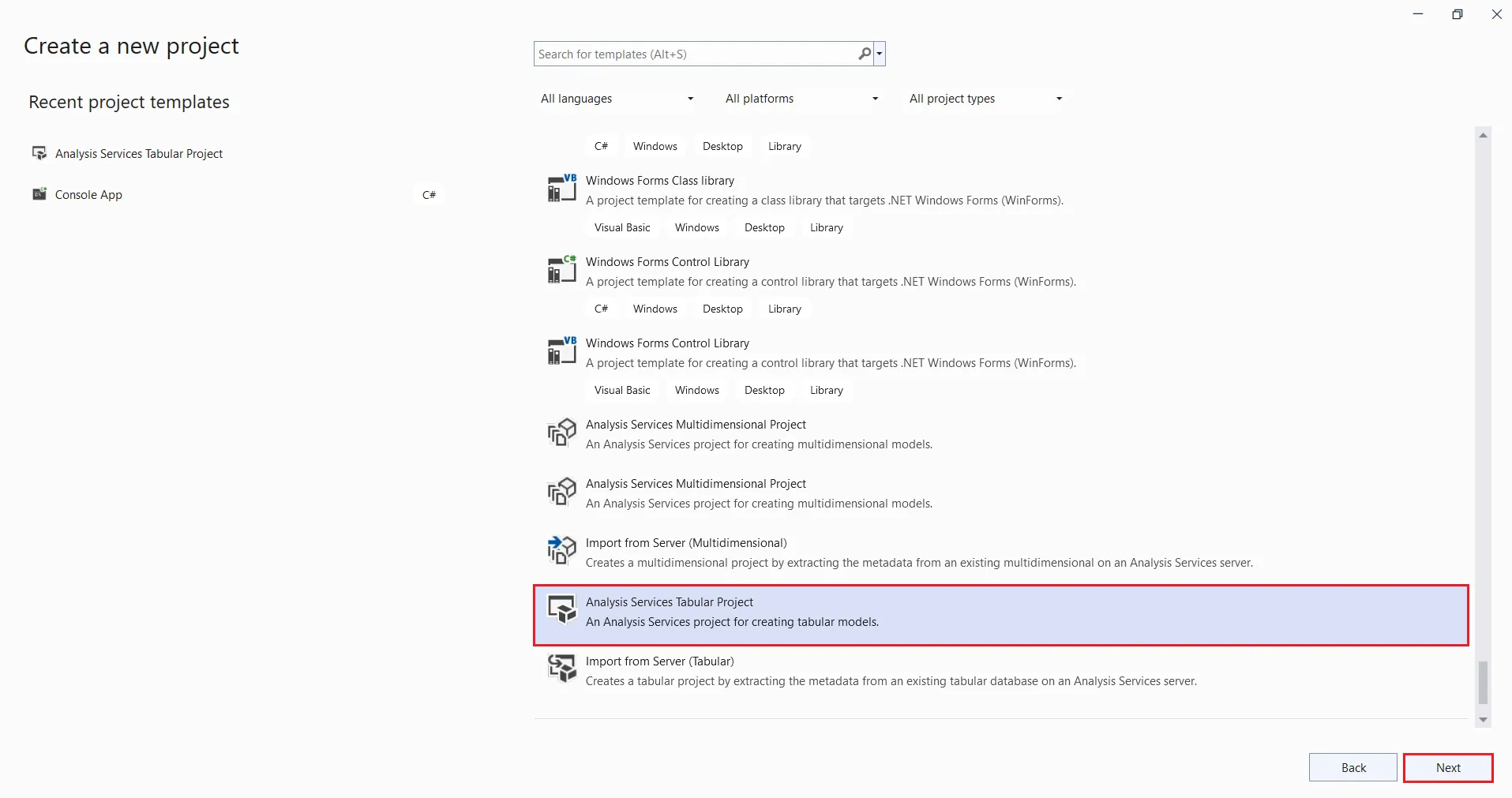 Analysis Services Tabular Project を選択