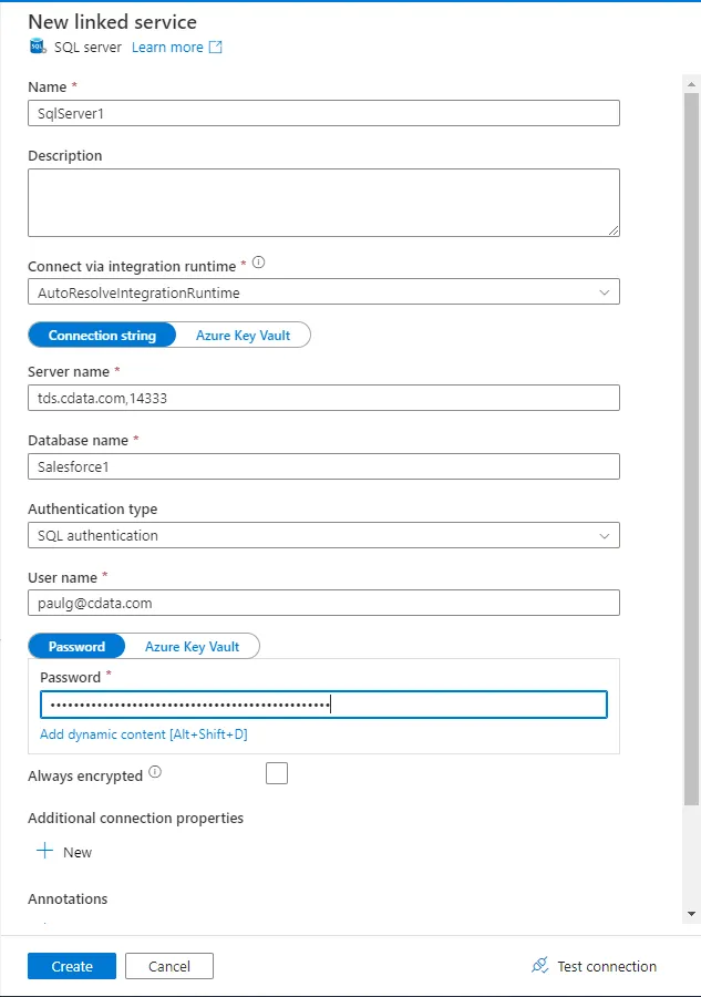 Configuring new linked service