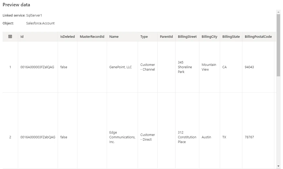 Previewing the imported table