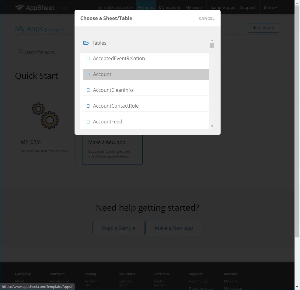 テーブルを選択