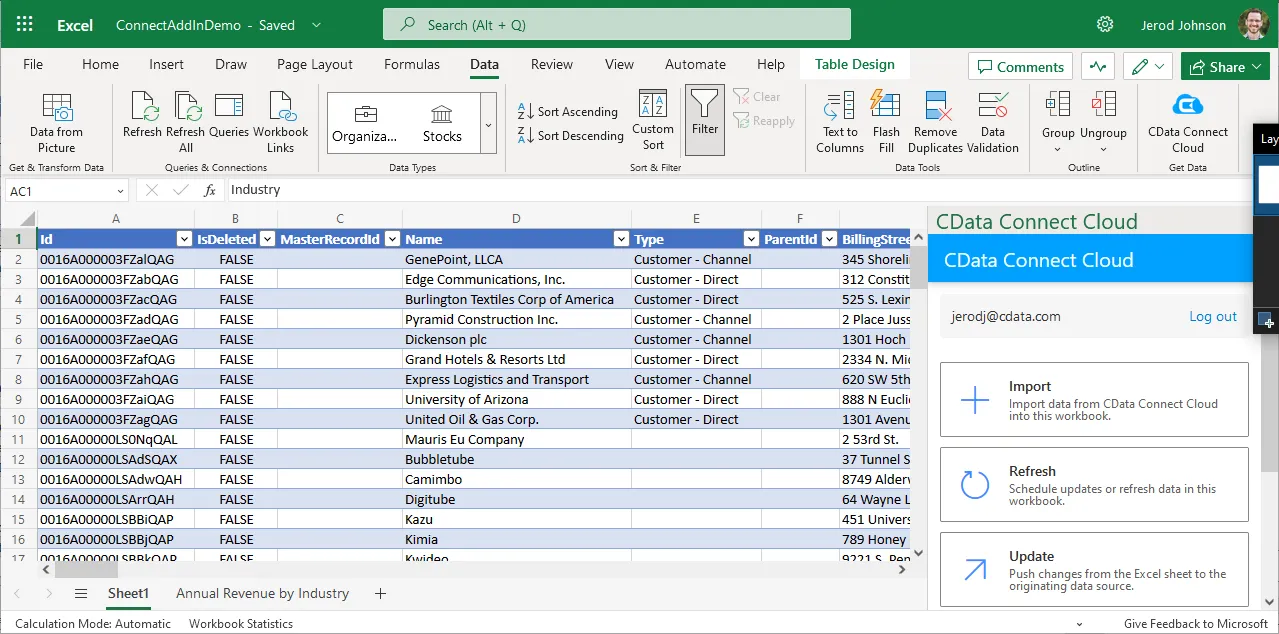 Excel 365 のCData Connect AI パネル