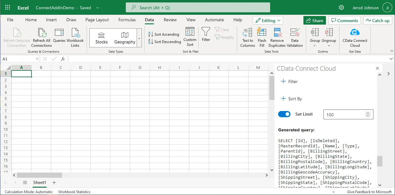 コネクション、テーブル、カラムを選択