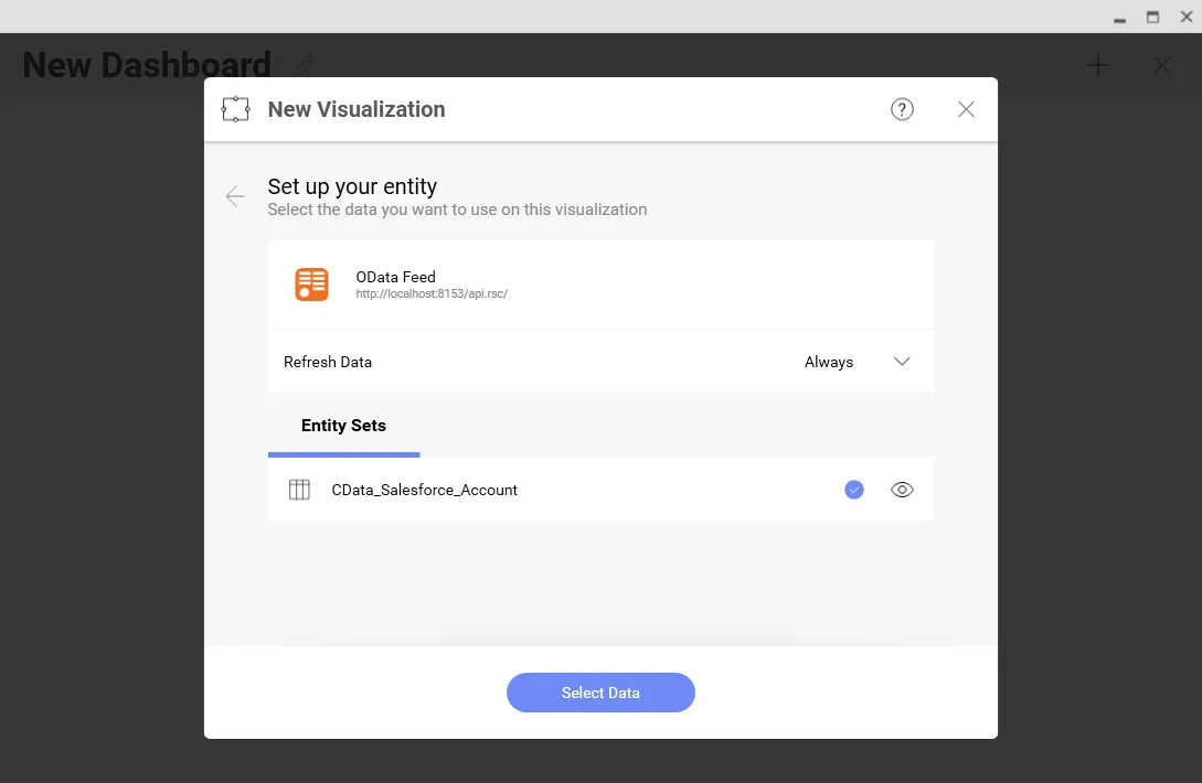 Selecting an entity to visualize (Salesforce is shown.)
