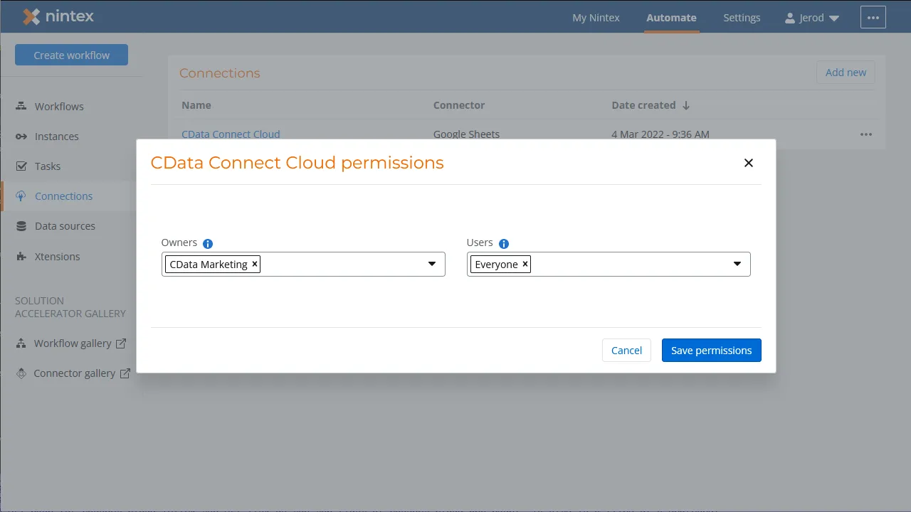 Configuring permissions and saving the Connection