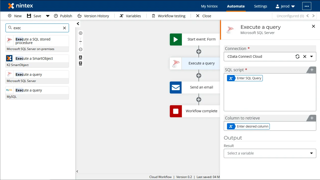 Configuring the SQL Server query action