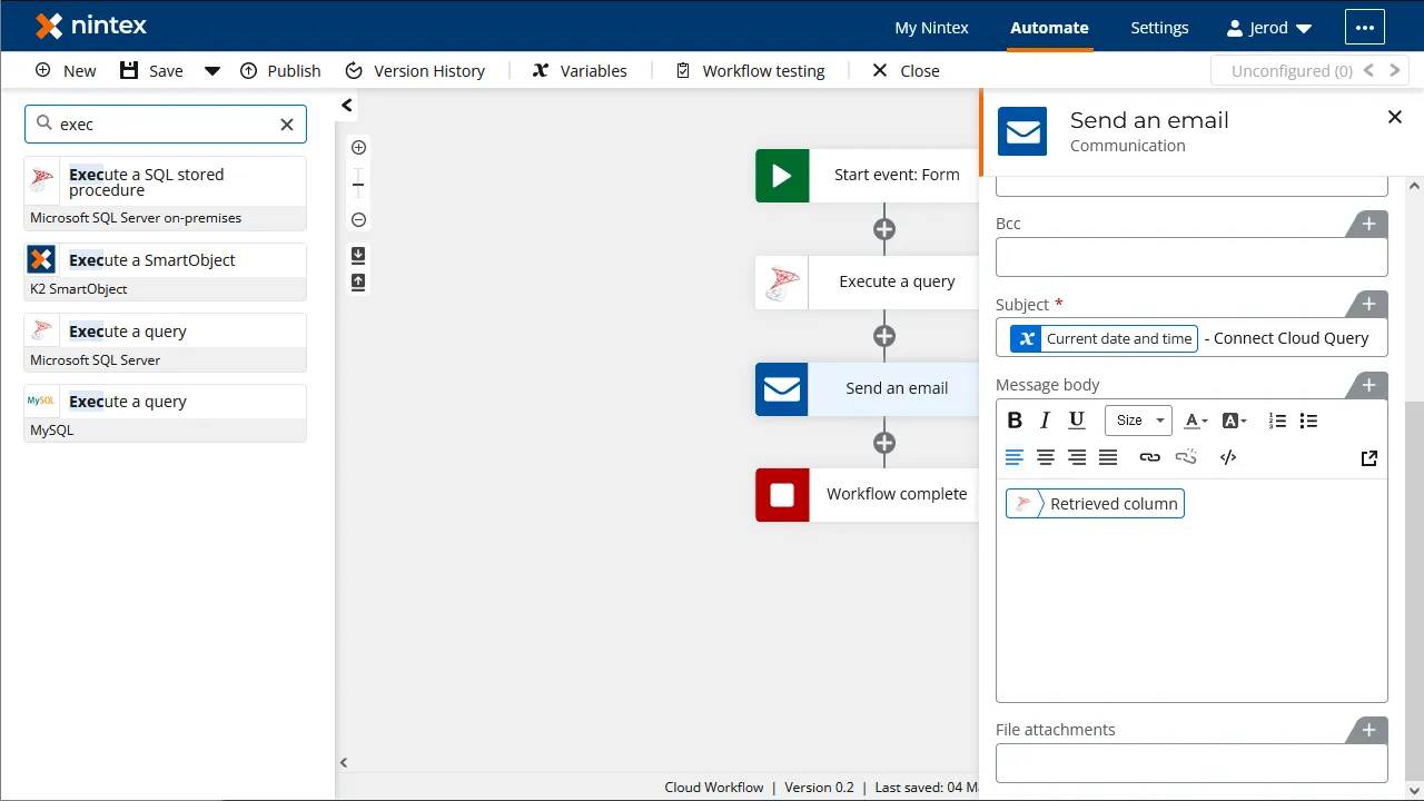 Configuring the email action