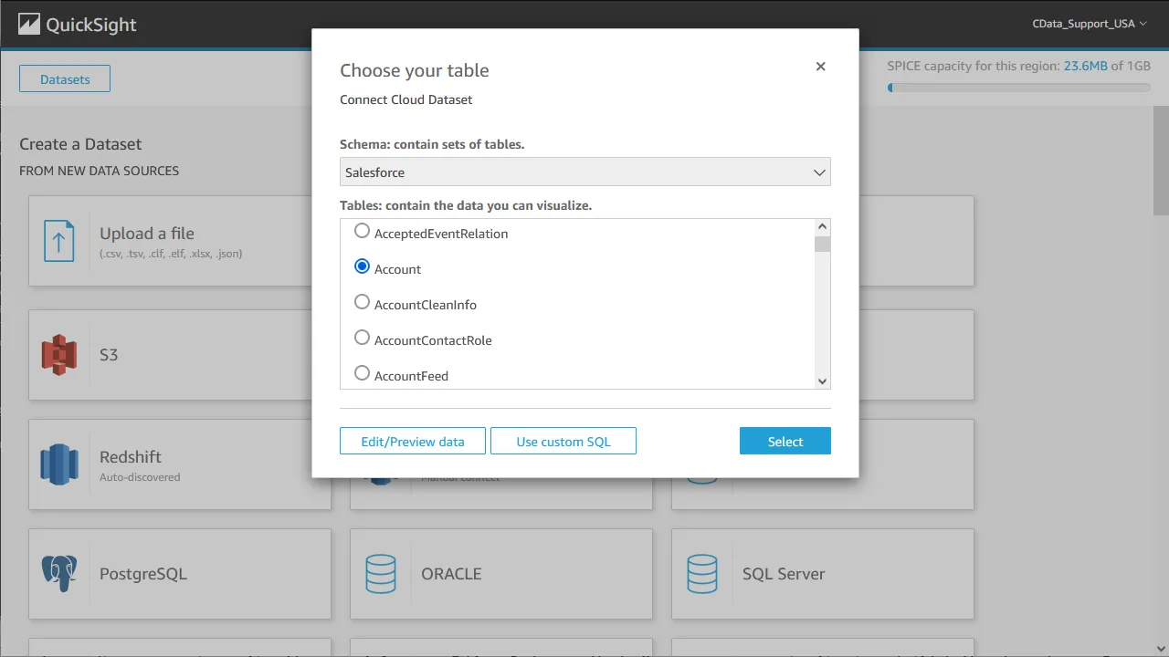 Selecting a Table to visualize.