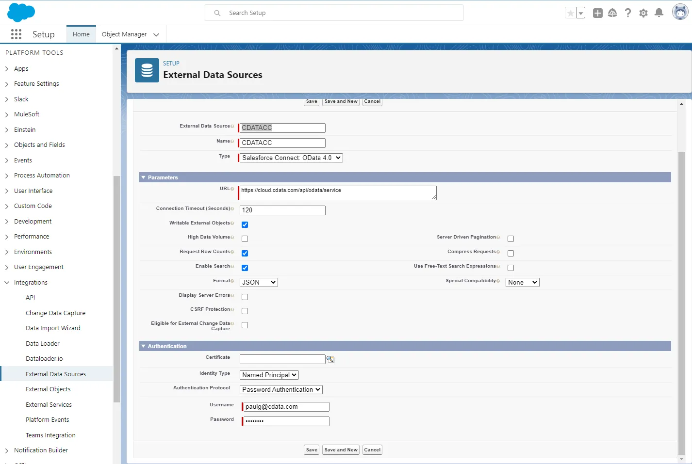 Configuration settings for the data source (NetSuite の例)