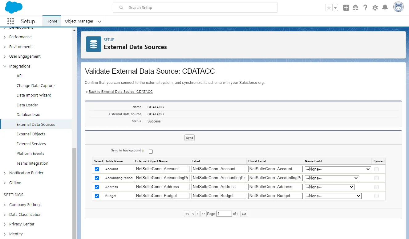Select external objects （NetSuite の例）