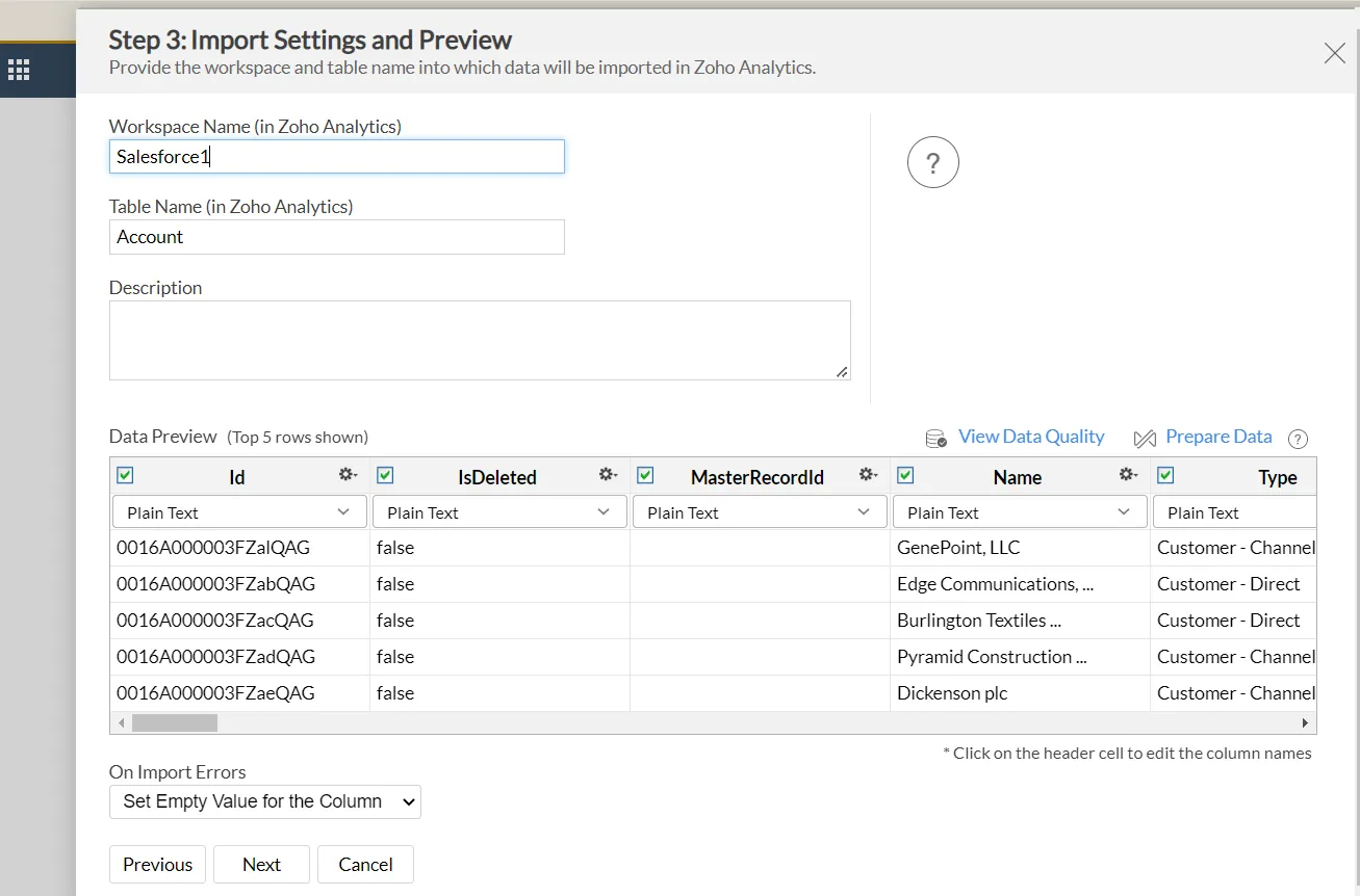 Displaying data preview