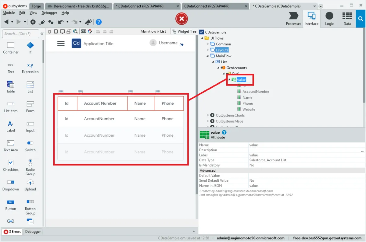 レスポンスデータモデルをTable と紐付け