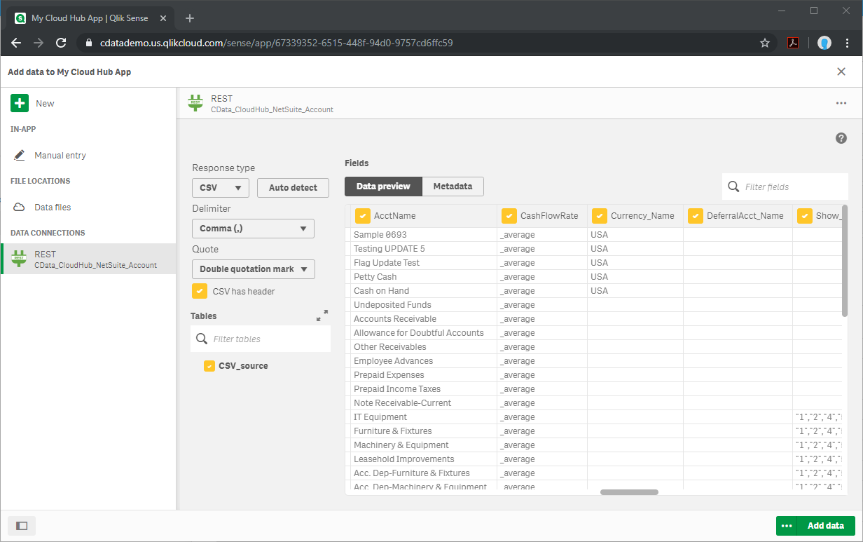 Adding data to the app (NetSuite is shown.)
