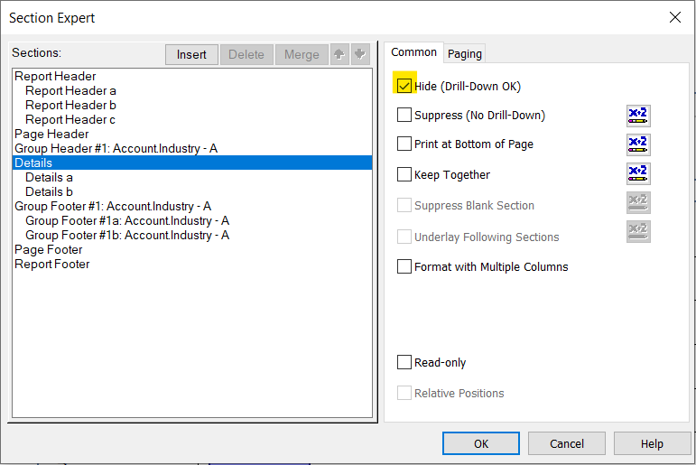 Hide (Drill-Down OK) オプション