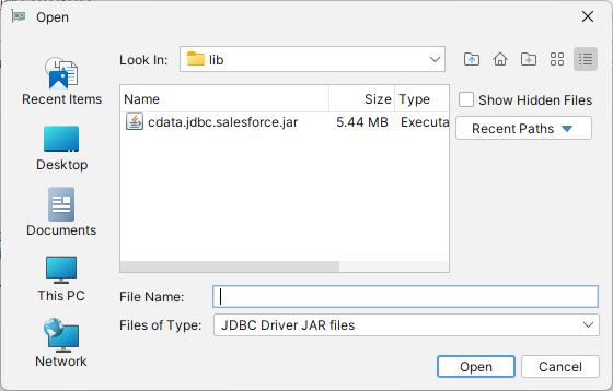 ドライバーのJAR ファイルをロード。
