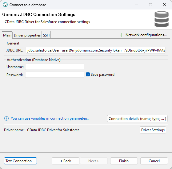 JDBC URL を設定（Salesforce の場合）。