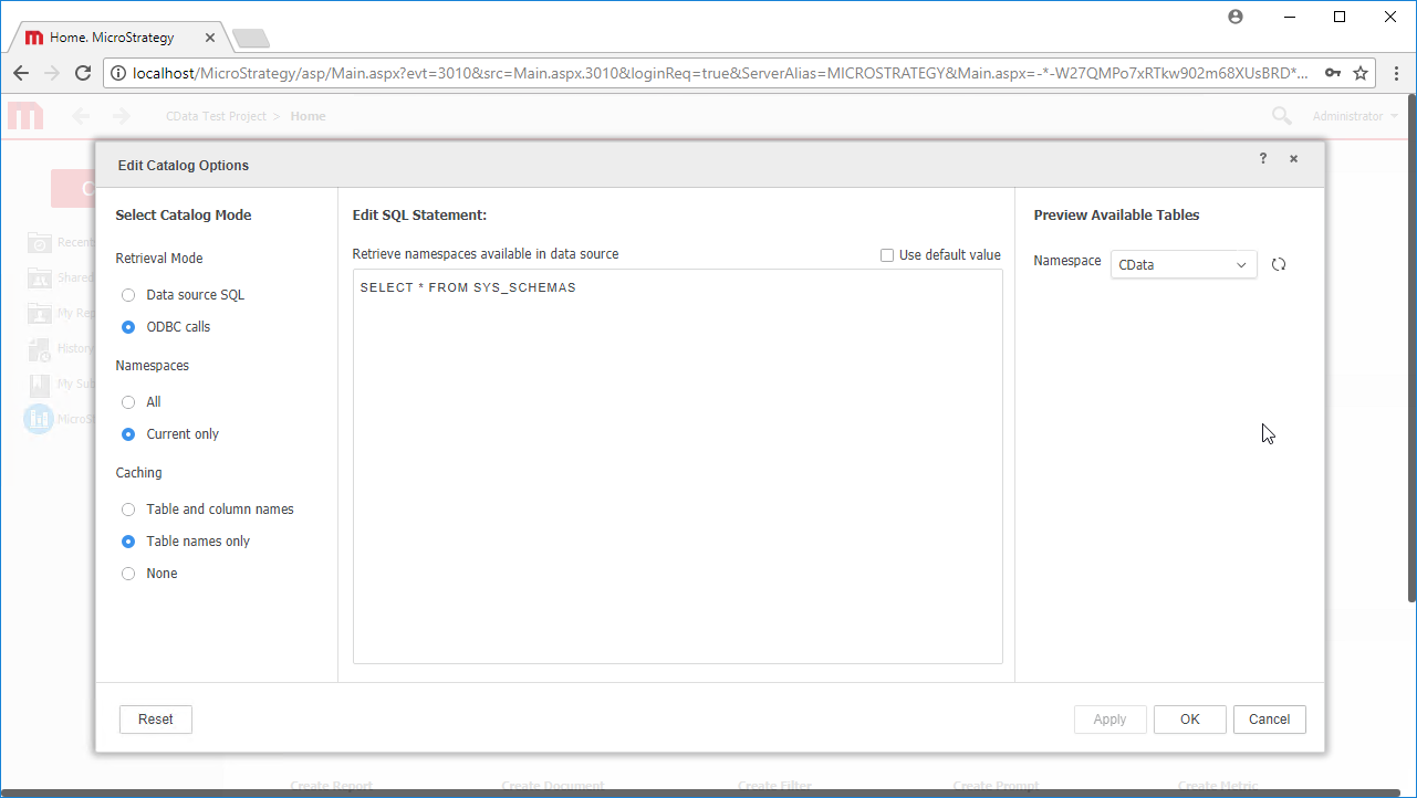 Configuring the Catalog Options.