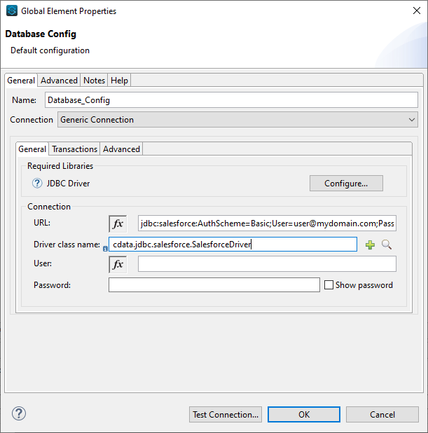 設定したデータベース接続（Salesforce の場合）。