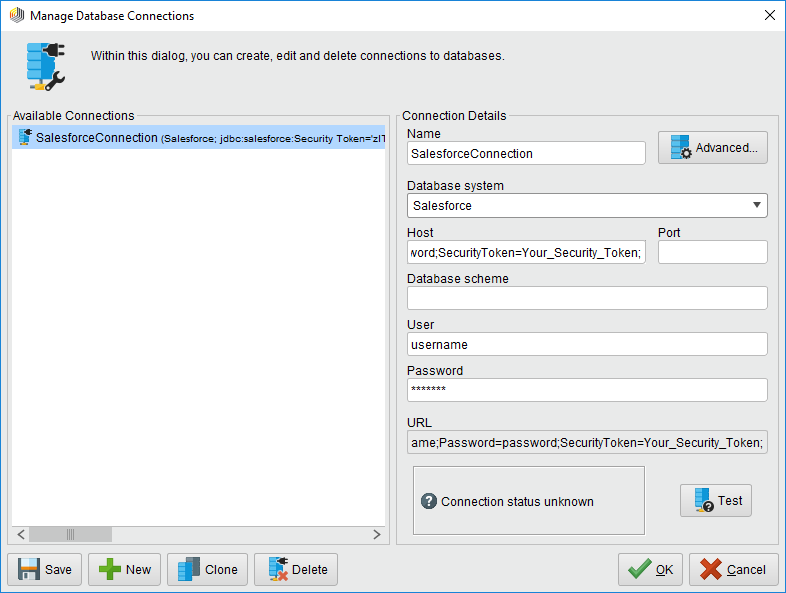 The connection to the JDBC data source.(Salesforce is shown.)