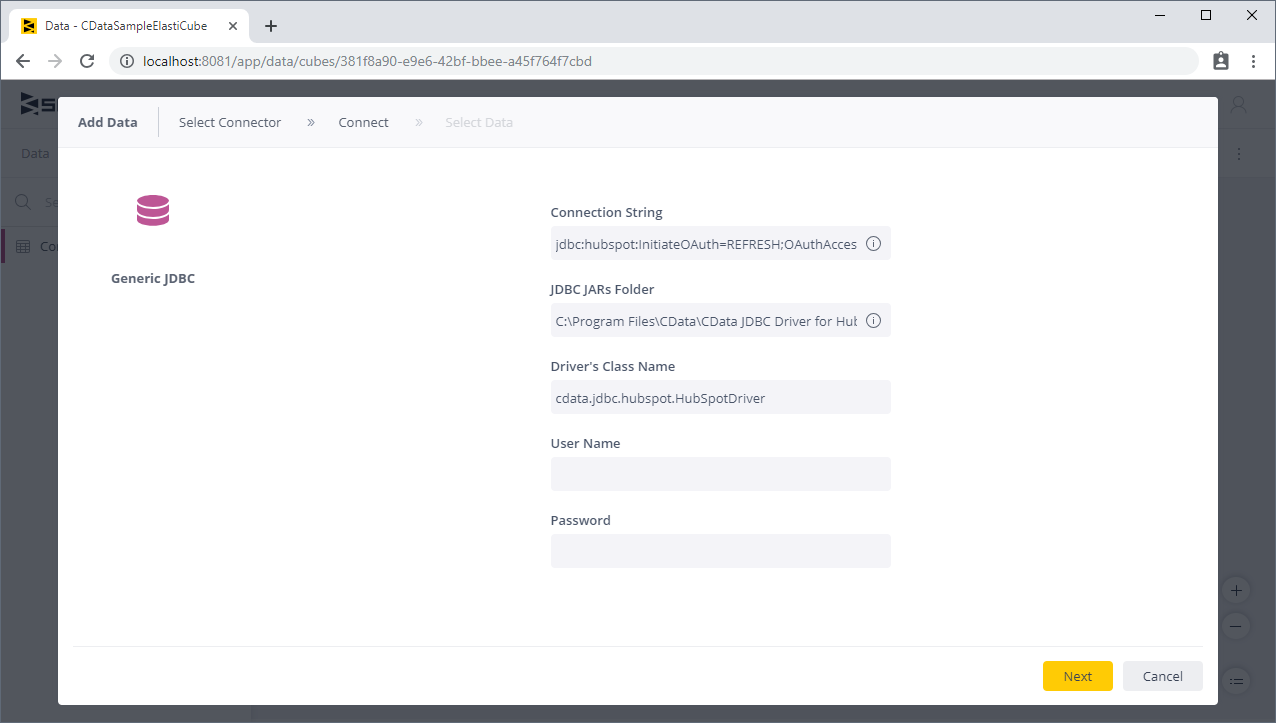 A configured connection in Sisense (HubSpot is shown).