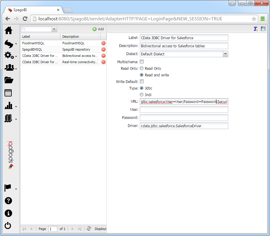The configuration for the LinkedIn Ads JDBC data source.(Salesforce is shown.)