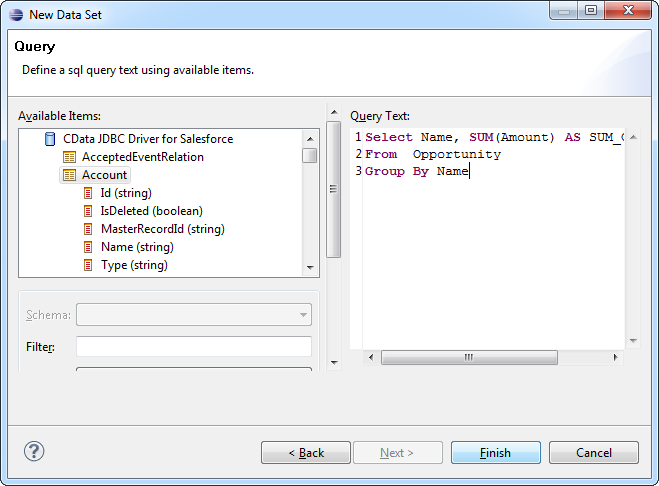 The query to be used to populate a chart.(Salesforce is shown.)