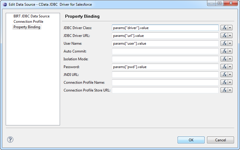 Placeholder values in the report for the JDBC data source on the server.