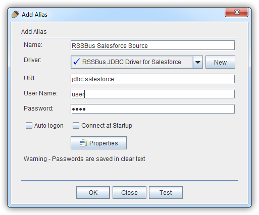 The alias definition, containing the connection parameters.(Salesforce is shown.)