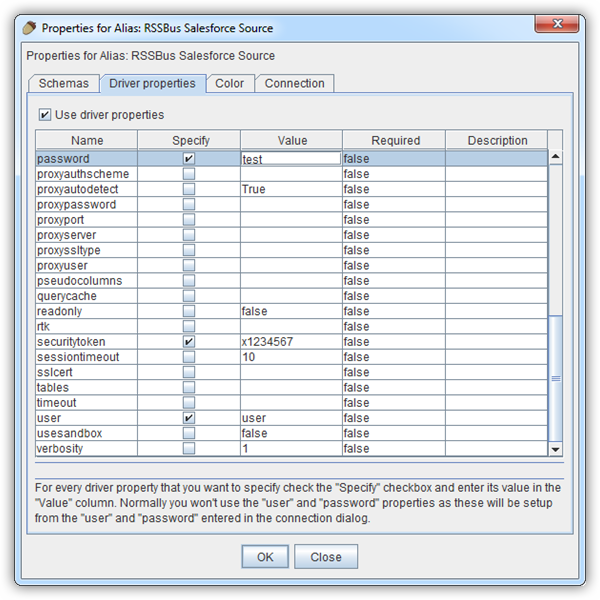Connection properties automatically detected by Squirrel SQL.(Salesforce is shown.)