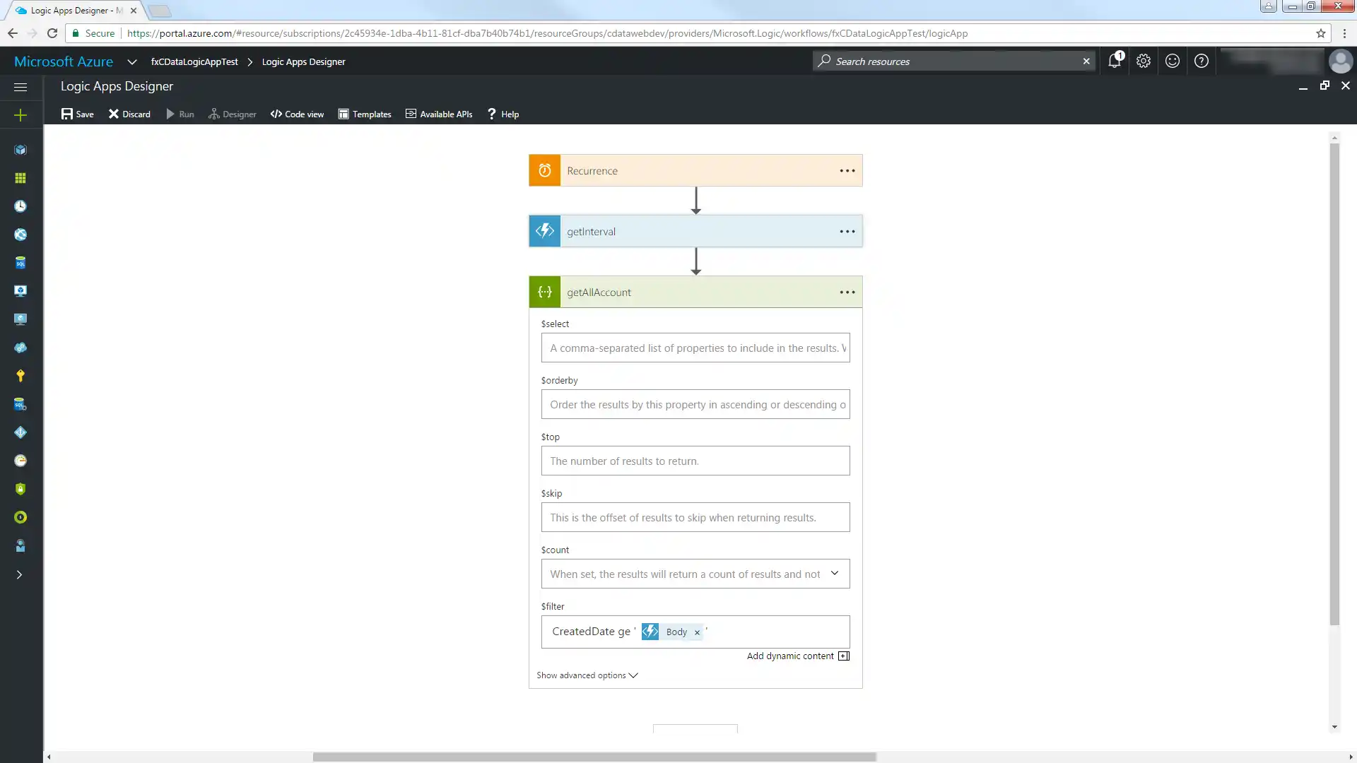 An OData filter on the results of an Azure Function App, getToday.(Salesforce is shown.)