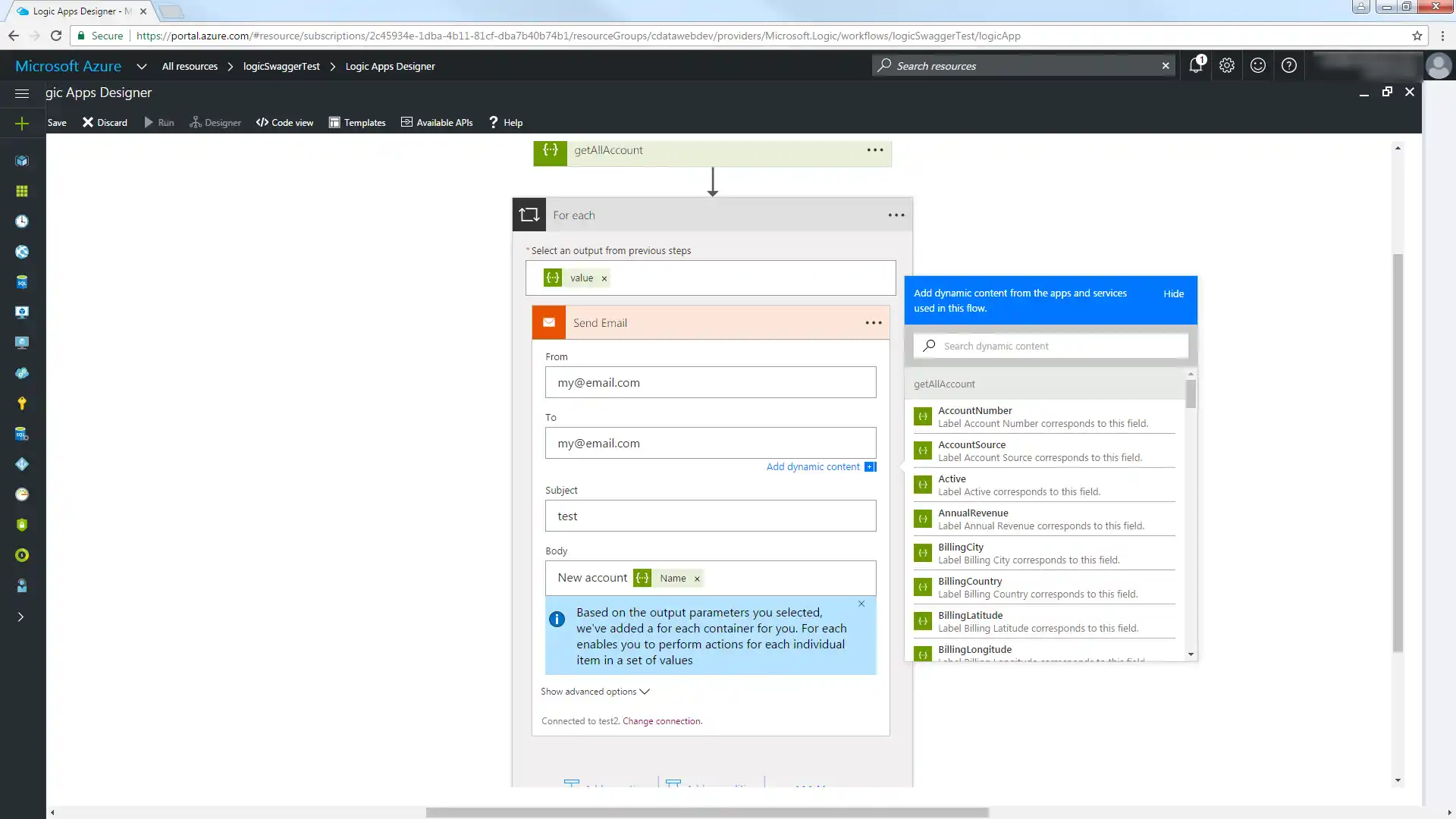 Dynamic columns added to template the body of an email.(Salesforce is shown.)